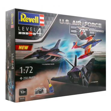 KIT PARA MONTAR REVELL GIFT SET 3 AVIÕES U.S. AIR FORCE 75TH ANNIVERSARY 1/72 250 PEÇAS COMPLETO COM TINTA COLA E PINCEL REV 05670